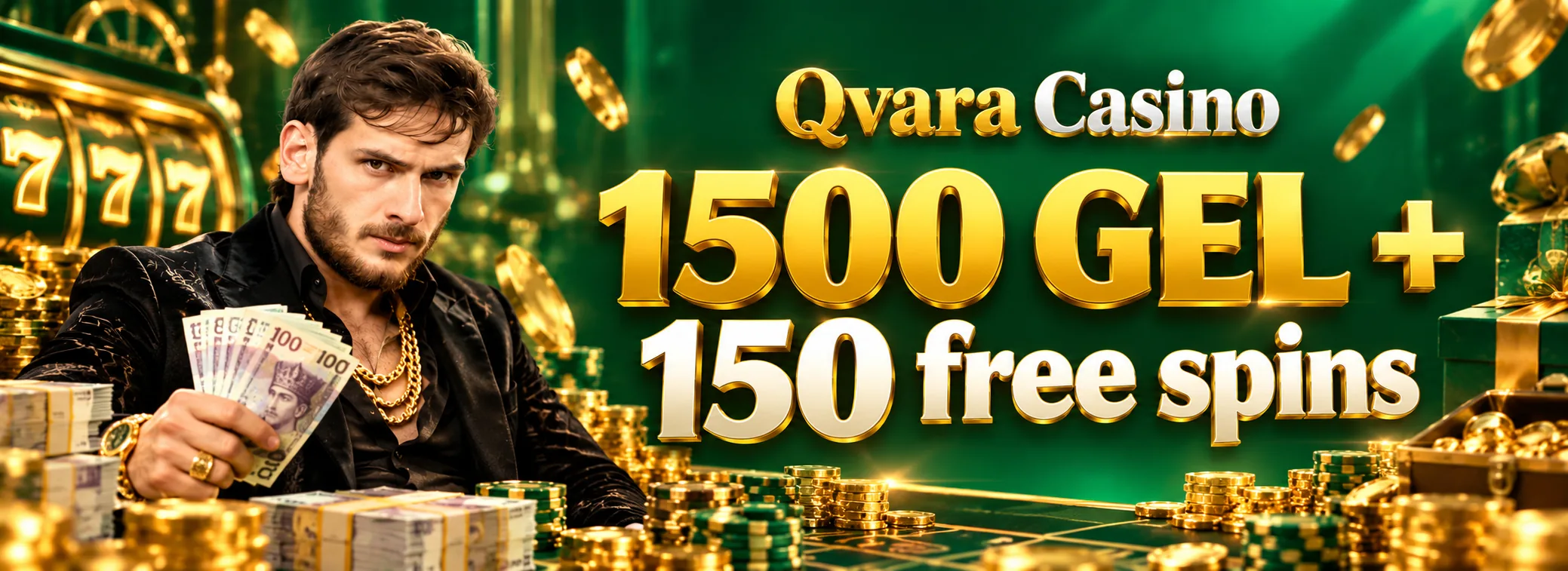 Qvara Casino — 100% მისასალმებელი ბონუსი 1 500 ₾-მდე + 150 ფრისპინი — 1 500 ₾ + 150 FS